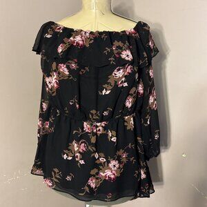 Lane Bryant Pullover Blouse Black Floral Sheer Overlay Elastic Neck/Waist Sz 20